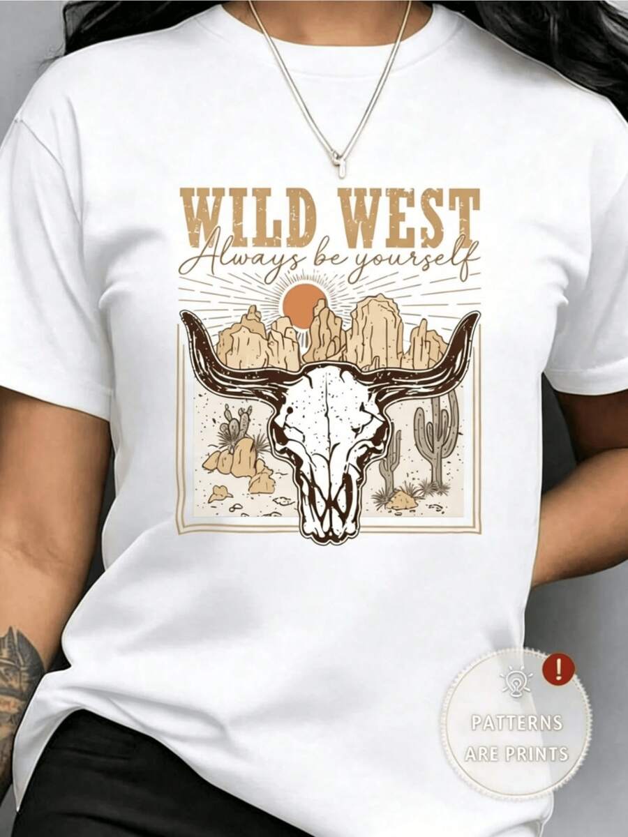 Bull Skull Against The Desert Sun With Mountains And Cacti Evoking The Freedom Of The West And Inner Strength. Comfortable Casual Women's T-Shirt Perfect For Expressing Your Own Style. - 白色 - 查看 1