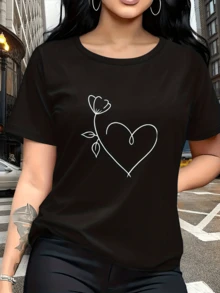 Un corazón trazado con línea continua que se funde con una delicada flor simbolizando el amor que florece con suavidad y equilibrio en cada paso de la vida camiseta de mujer casual cómoda ideal para uso diario - Negro - Ver 6