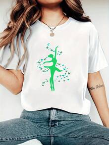 Ballerina Surrounded By Green Butterflies Symbolizing Freedom, Grace, And Connection With Nature In Motion. Attractive, Modern, And Comfortable Women's T-Shirt For Everyday Wear. - White - View 6