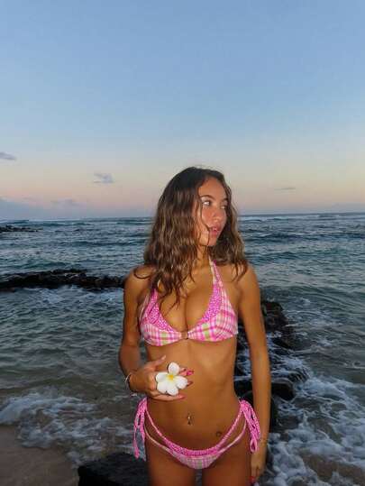 Bộ bikini 2 mảnh màu trơn và kẻ caro thắt nơ thanh lịch gợi cảm với quả cầu ngọc trai, thích hợp cho kỳ nghỉ biển, màu hồng xuân/hè.