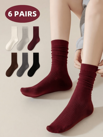 1/5/6 Pairs Women Socks, Anqula Red Solid Ribbed Mid-Calf Socks, Minimalist Versatile Casual Outdoor & Indoor Black White Socks For Women, Autumn/Winter
