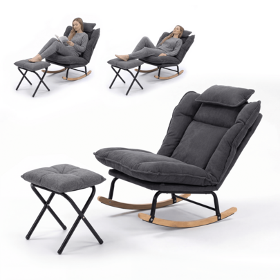 Corduroy Rocking Chair (With Cushion) - Removable Cushion, Solid Wood Rocking Frame, Single-Seater Lounge Chair (Includes Free Footrest) - Nordic-Style Relax Chair For Living Room, Home, Balcony, Or Bedroom, 81*80*84 Cm
