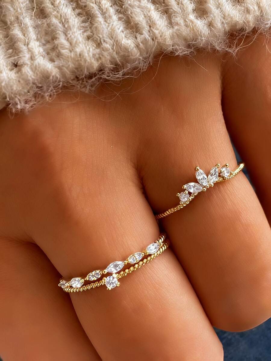 Bộ 3 chiếc nhẫn Cubic Zirconia tinh tế, thích hợp cho nữ đeo hàng ngày, hẹn hò, đám cưới, tiệc tùng, đeo nhiều chiếc cùng lúc, làm quà tặng cô dâu. - Vàng - Xem 1