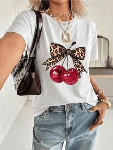 Two Bright Cherries Joined By An Animal Print Ribbon Symbolize The Union Between Sweetness And Feminine Strength, Creating A Balance Between Passion And Elegance. A Modern Casual Women's T-Shirt For Everyday Wear. - 白色 - 查看 8