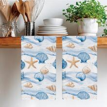 2pcs Summer Blue Ocean Shell Pattern Kitchen Towels, Soft Polyester Material Dish Cloths, Suitable For Kitchen Decor, Cleaning, Holiday Party Decoration, Kitchen & Bathroom Essentials, Home Decor, Housewarming Gift - Multicolor - View 5