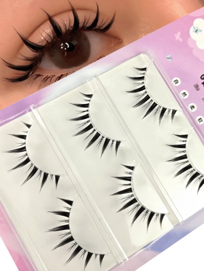 3 Pairs Cartoon Doll Style False Eyelashes Thin Transparent Lash Stems Made In Europe & US Natural & Thick Excellent For Photography False Eyelashes