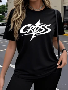 Symbol Of Spiritual Energy With The Word Cross Representing Inner Strength, Hope, And Personal Power, Ideal For A Modern, Casual, Elegant Women's T-Shirt Look. - 黑色 - 查看 1