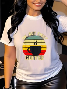 Black Coffee Mug Surrounded By Warm Yellow, Green, And Red Tones That Evoke Energy And Passion To Start The Day With A Positive Attitude; Modern And Comfortable Casual Women's T-Shirt - 白色 - 查看 6