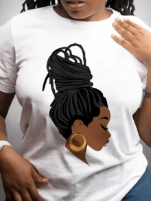 A Female Face In Profile With An Updo And Gold Earrings Symbolizes Pride, Identity, And Cultural Strength, Highlighting Natural Beauty And Contemporary Elegance. Modern Casual Women's T-Shirt - 白色 - 查看 1