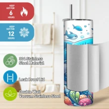 1/5个20盎司直筒保温水瓶，鲨鱼珊瑚海底主题印花，配有吸管和瓶盖，适合户外旅行、健身、夏季必备，也是很棒的生日礼物和毕业纪念品。 - 鯊魚5 - 查看 5