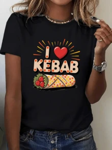 Bright Heart Expressing Love For Fast Food Kebab With Cheerful Colors, Juicy Tomatoes And Positive Energy. Women's Casual Modern Comfortable T-Shirt For Everyday Wear - 黑色 - 查看 6