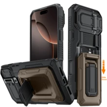 适用于 13 Pro、14、15 Plus、16、17 Pro Max 的钱包式手机壳 [可容纳 3-4 张卡片] [带支架功能] [全面保护摄像头] [军规级防护] 防震坚固手机壳，兼容 13 Pro、14、15 Plus、16、17 Pro Max 和 Air，黑色 - 棕色 - 查看 7