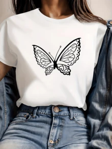 Butterfly With Outstretched Wings Symbolizing Freedom, Renewal, And The Beauty Of Change, Drawn With Delicate Lines That Evoke Lightness And Hope. Modern Casual Women's T-Shirt For Everyday Wear. - 白色 - 查看 1