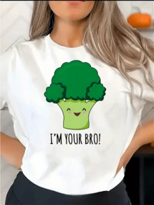 Fun Drawing Of A Smiling Broccoli That Conveys Positive Energy And A Sense Of Friendship With A Cheerful Message; Comfortable Casual Women's T-Shirt For Everyday Wear - 白色 - 查看 1