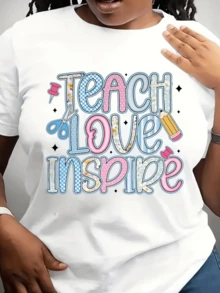 Colorful Words Celebrating Teaching, Loving, And Inspiring, With Symbols Of Creativity Like Pencils, Scissors, And Thumbtacks, Conveying Positive Energy-Perfect For Educators. Women's Casual Elegant T-Shirt - 白色 - 查看 6