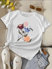 A Bouquet Of Soft Flowers With Pink And Violet Petals And Green Leaves That Evoke Serenity And Freshness Of Nature; A Comfortable, Casual Women's T-Shirt For Everyday Wear - 白色 - 查看 6