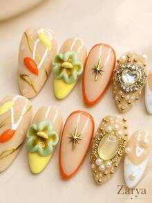 10pcs Handmade Almond Press On Nails, Beige Orange Luxury Glossy Fake Nails With 3D Flower, Pearl, Heart Gem & Gold Accent Nail Art For Women Including Nail Art Tools(1 Sheets Stickers+1PC Nail File),Suitable Daily, Casual, Wedding,Holiday Wear, Best Women And Girls - A12 - 查看 3