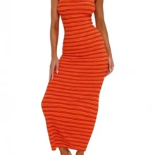 Y2K Knitted Mini Dress, Pink Striped Pattern Slim Fit, Elegant Summer Vacation Streetwear Club Wear - Orange - View 4