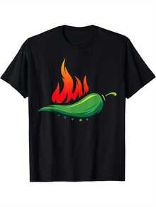 Unisex T-Shirt With Spicy Mexican Pepper Print - T-Shirt For Spicy Mexican Food Lovers With Chili Print, Short Sleeves And Crew Neck, Casual T-Shirt Suitable For Everyday Wear And Themed Events, Fun Pepper Design, Perfect For Food Enthusiasts - 黑色 - 查看 1