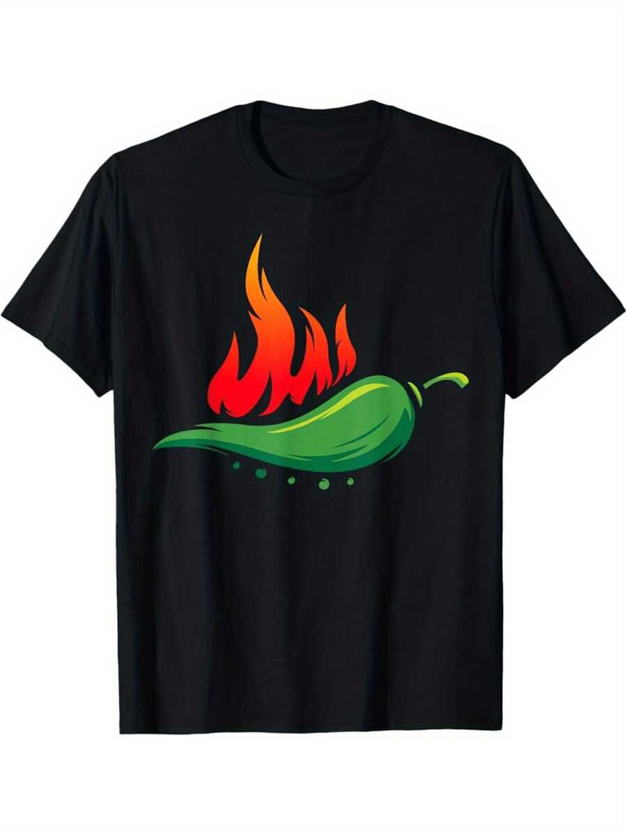 Unisex T-Shirt With Spicy Mexican Pepper Print - T-Shirt For Spicy Mexican Food Lovers With Chili Print, Short Sleeves And Crew Neck, Casual T-Shirt Suitable For Everyday Wear And Themed Events, Fun Pepper Design, Perfect For Food Enthusiasts - 黑色 - 查看 1