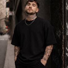 Premium Textured Oversized T-Shirt, Waffle Knit. - Black - View 3