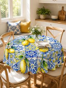 1pc Polyester Tablecloth, Mediterranean Majolica Tile Lemon Print Table Runner, Wrinkle-Resistant Waterproof Table Cover, Suitable For Dining Room, Kitchen, Home Decor, Bedroom, Garden, Wedding, Party, Indoor & Outdoor Use, All Seasons - Yellow - View 1