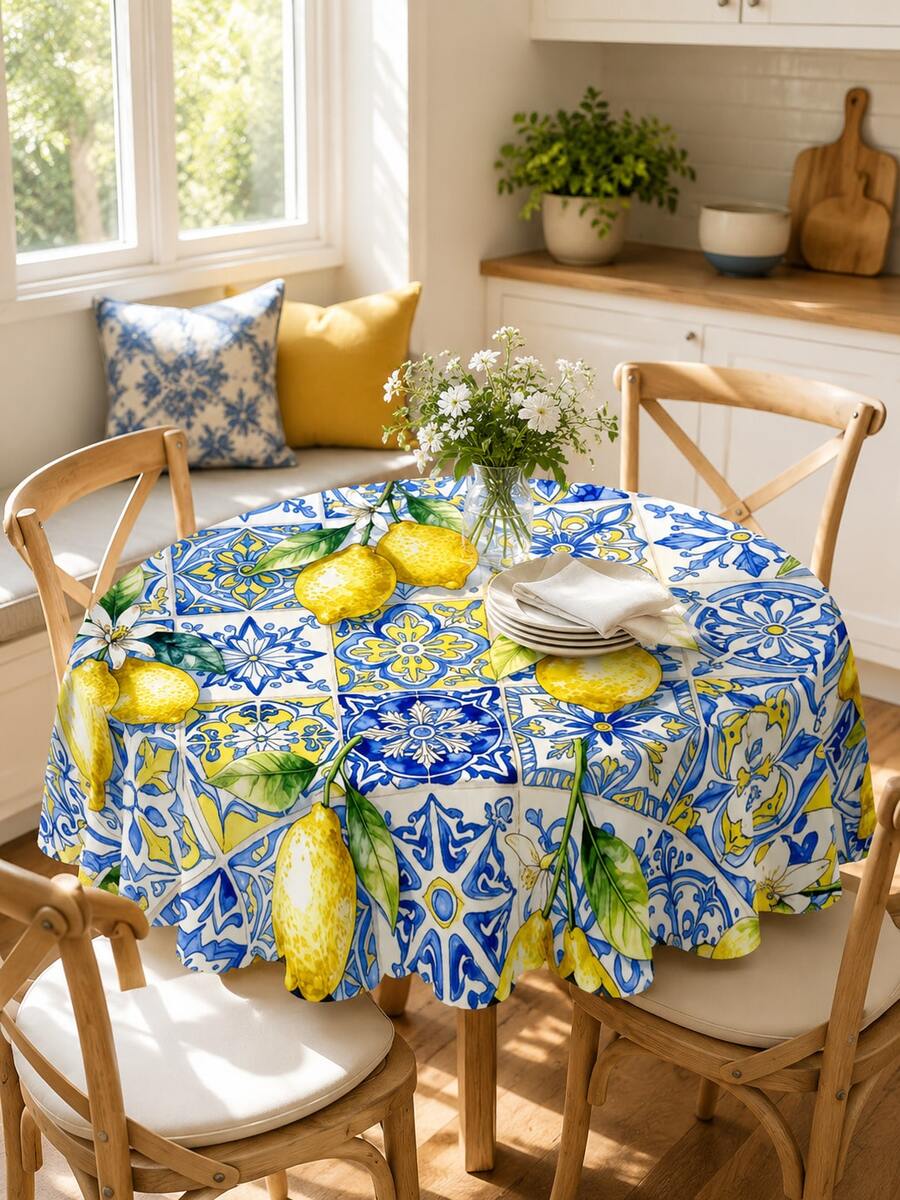 1pc Polyester Tablecloth, Mediterranean Majolica Tile Lemon Print Table Runner, Wrinkle-Resistant Waterproof Table Cover, Suitable For Dining Room, Kitchen, Home Decor, Bedroom, Garden, Wedding, Party, Indoor & Outdoor Use, All Seasons - Yellow - View 1