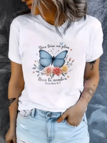 A Blue Butterfly Surrounded By Soft Flowers Symbolizes Hope, Renewal, And Faith, Reflecting A Spiritual Message Of Purpose And Love. This Modern, Casual Women's T-Shirt With An Inspirational Print Is Ideal For Everyday Wear. - 白色 - 查看 8
