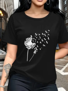 Dandelion Releasing Its Seeds Transformed Into Birds, Symbolizing Freedom, Hope, And New Beginnings. Casual, Comfortable, And Modern Women's T-Shirt For Everyday Wear. - 黑色 - 查看 6