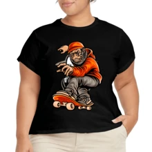 Camiseta Plus Size para Mujer con Cuello Redondo y Estampado - Negro - Ver 2