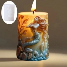 美人鱼浮雕圆柱蜡烛硅胶模具，美人鱼在海中游泳圆柱树脂硅胶模具，海草美人鱼浮雕圆柱石膏模具，工艺模具 - 圓柱 - 查看 2