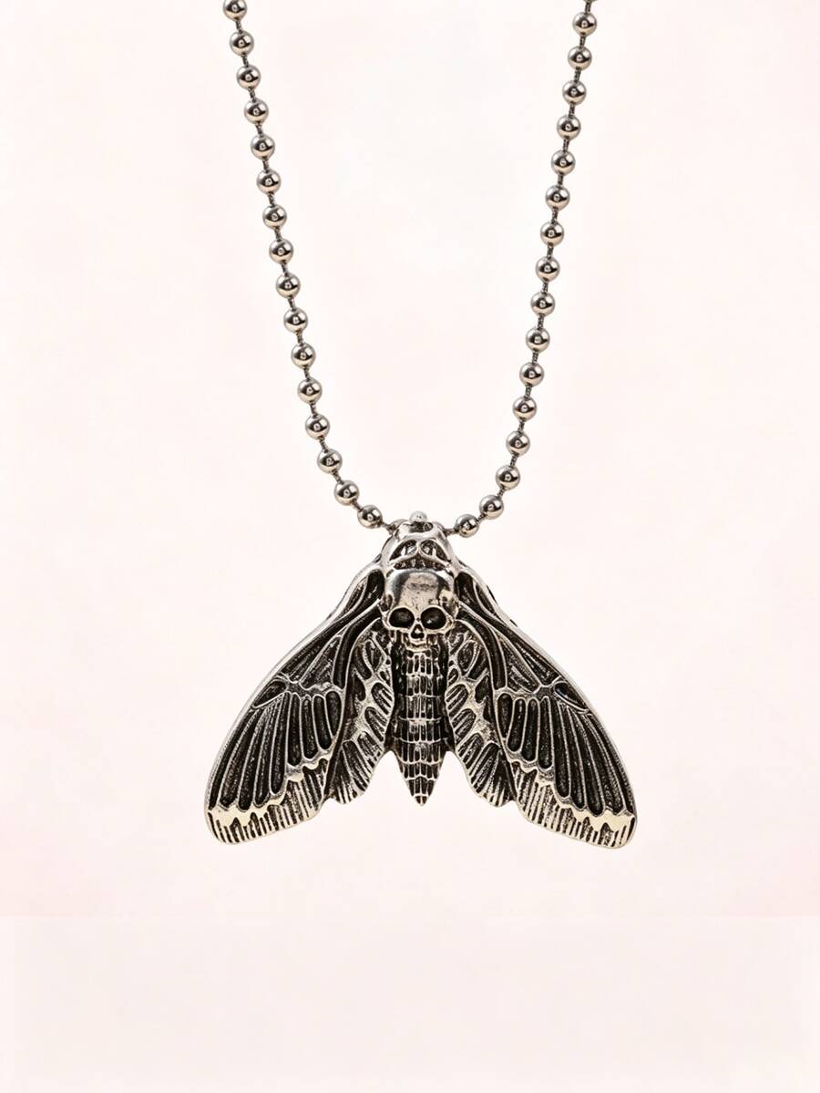 1 chiếc vòng cổ hình bướm đêm đầu lâu phong cách Gothic, mặt dây chuyền hình đầu lâu và bướm đêm kiểu retro, dây chuyền bi màu bạc, trang sức unisex phù hợp cho phong cách đường phố, tiệc tùng và các dịp thường ngày. - Bạc - Xem 1