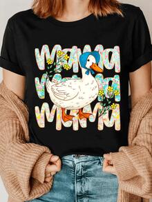 Duck With Blue Bandana Surrounded By Yellow Flowers On Colorful Lettering Celebrating Maternal Love With A Cheerful And Rustic Touch. Comfortable Casual Women's T-Shirt For Everyday Wear And Special Occasions. - 黑色 - 查看 1