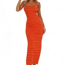 Y2K Knitted Mini Dress, Pink Striped Pattern Slim Fit, Elegant Summer Vacation Streetwear Club Wear - Orange - View 5