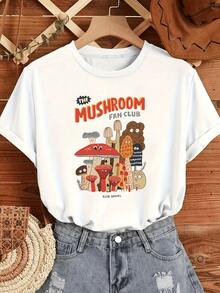 Diversos hongos coloridos con formas divertidas que simbolizan la unión con la naturaleza y la alegría de compartir camisetas de mujer casual moderna cómoda para uso diario - Blanco - Ver 1