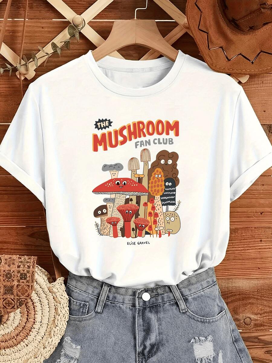 Diversos hongos coloridos con formas divertidas que simbolizan la unión con la naturaleza y la alegría de compartir camisetas de mujer casual moderna cómoda para uso diario - Blanco - Ver 1