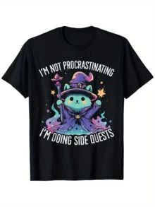 Magical Cat With A Wizard's Hat Holding A Luminous Staff Surrounded By Stars, Symbolizing Fantasy And Creativity. Funny Casual Women's T-Shirt For Video Game Lovers. - 黑色 - 查看 1