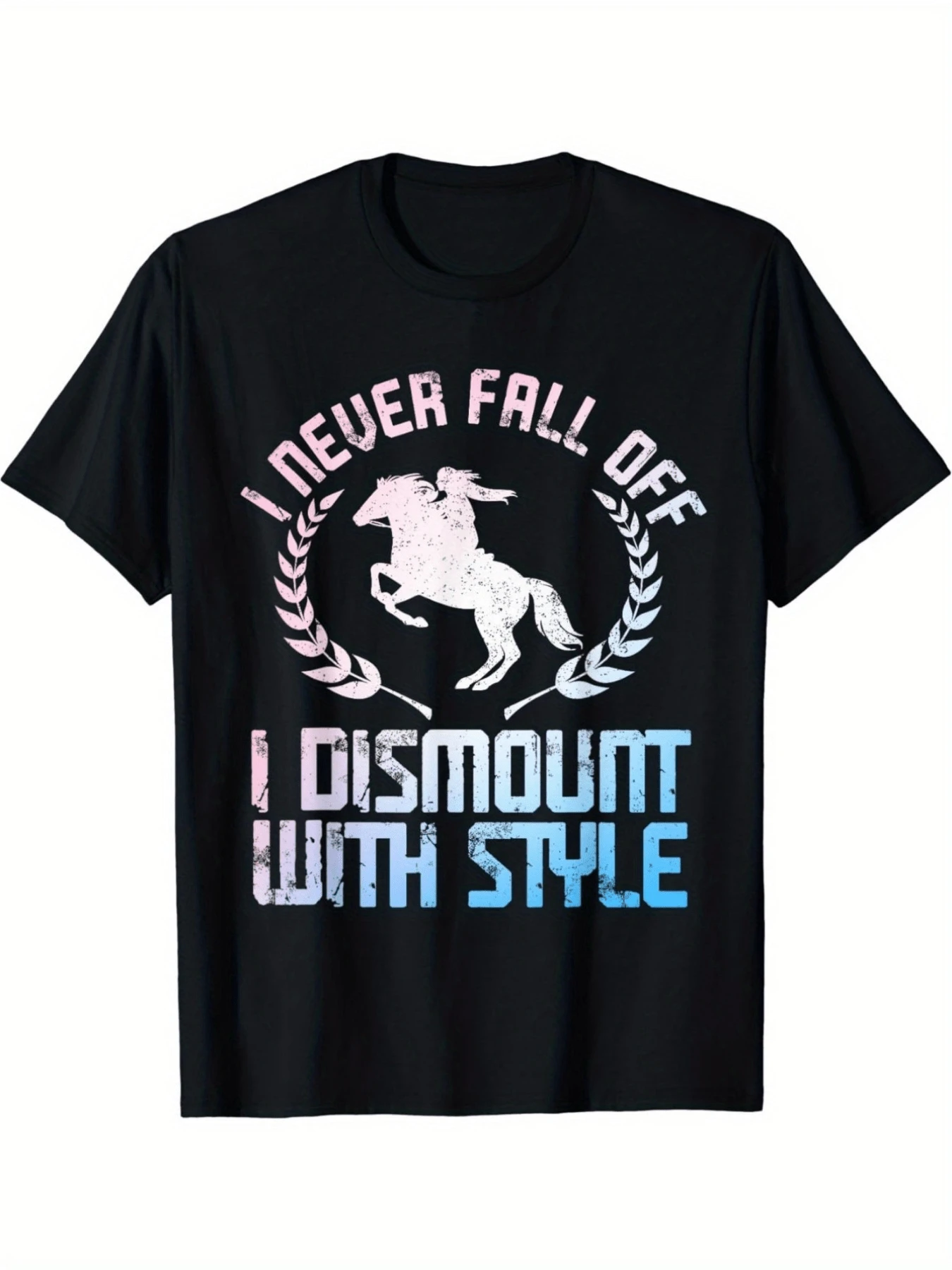 Image Of A Rider On A Horse In Mid-Jump Symbolizing Strength, Balance And Courage, With Lettering Celebrating Confidence While Riding. Comfortable Casual Women's T-Shirt Ideal For Equestrian Enthusiasts. - Black - View 1