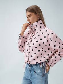 HZXVIC Women's New Style Pink Polka Dot Stand Collar Drawstring Casual Jacket, Suitable For Street Wear And Daily Wear - Pink - View 2