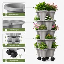 5-Tier Stackable Vertical Planter, Garden Flower Pot For Strawberry, Herb, Flower And Vegetable, Indoor Outdoor Gardening Pot With Removable Wheels And Tools - B - View 3