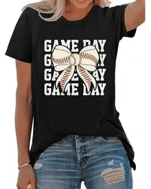 A Bow Formed By Baseball Stitching Symbolizes Passion And Sporting Energy, Showcasing Feminine Strength And Enthusiasm For The Game. Comfortable Casual Women's T-Shirt For Game Day - 黑色 - 查看 8