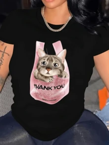 Cute Cat With Big Eyes Peeking Out Of A Pink Bag With Repeated Words Of Gratitude Conveying Kindness And Humor. Modern Casual Comfortable Women's T-Shirt For Everyday Wear - 黑色 - 查看 6