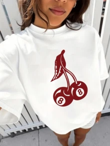 Dos cerezas rojas con forma de bolas de billar número ocho que simbolizan la suerte el juego y la energía divertida camiseta de mujer casual moderna cómoda para uso diario - Blanco - Ver 6