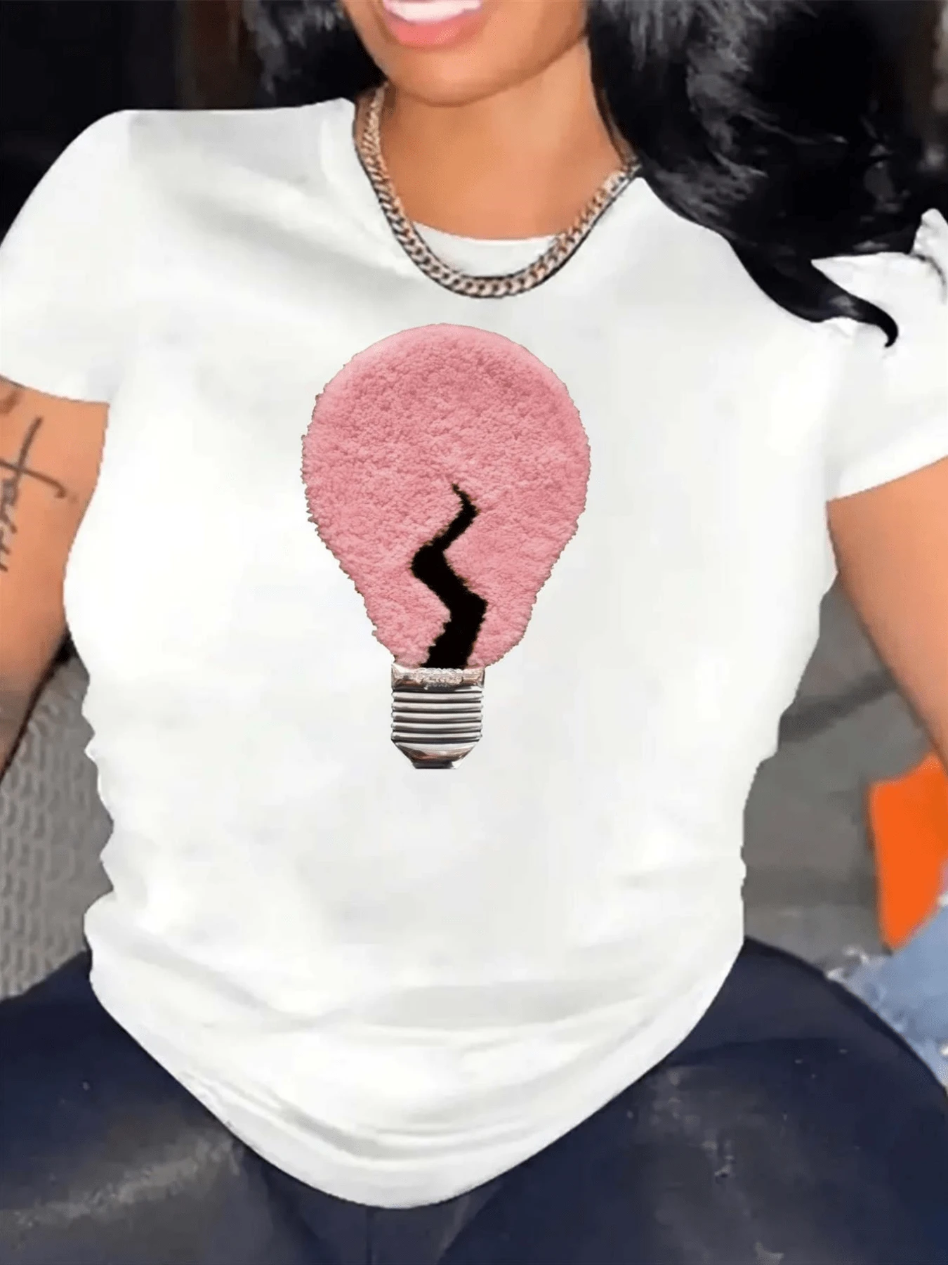 Pink Lightbulb With A Soft Texture Symbolizing Creativity Reborn After An Inner Rupture, Reflecting Strength, Renewal, And Positive Energy. Modern Casual Women's T-Shirt. - White - View 1