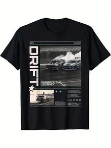 Unisex Vintage Japanese JDM Drift Car T-Shirt, Retro Tokyo Drift Movie Print, 100% Cotton, Loose Fit, Urban Casual Clothing For Car Enthusiasts, Summer Outfits - 黑色 - 查看 1