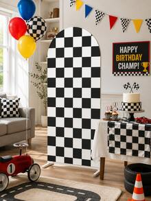 1 Black And White Checkered Arch Backdrop, Racing Theme Polyester Backdrop, Racing Theme Party Backdrop, Arch Fabric Cover, Wedding Decoration, Can Be Matched With Balloon Decoration, Racing Theme Birthday Party Decoration, Party Decoration, Gender Reveal Party Supplies, Bridal Shower Supplies, Home Decoration, Photo Props - Racing Grid - View 2