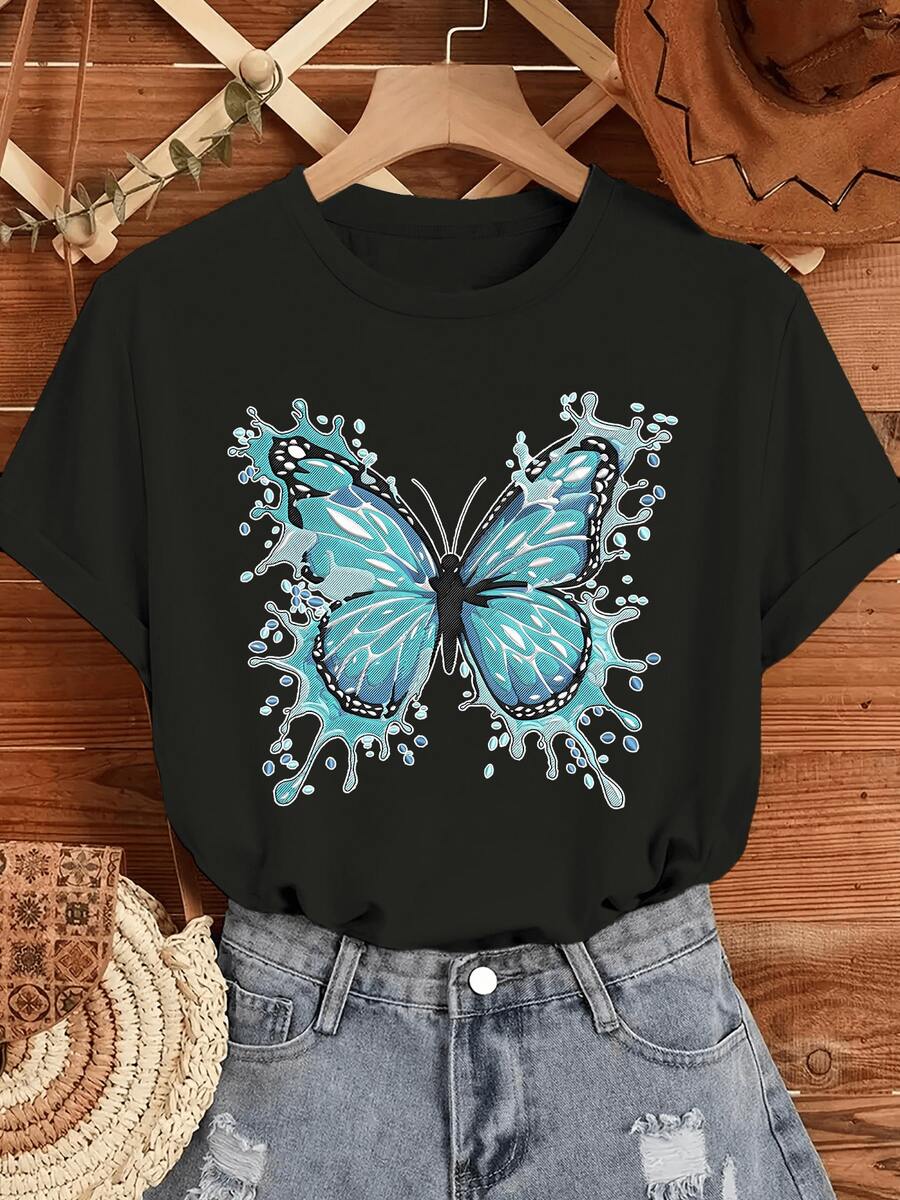 Blue Butterfly With Outstretched Wings Symbolizing Freedom, Transformation, And Positive Energy Surrounded By Shimmering Water. Comfortable Casual Women's T-Shirt For Everyday Wear. - 黑色 - 查看 1