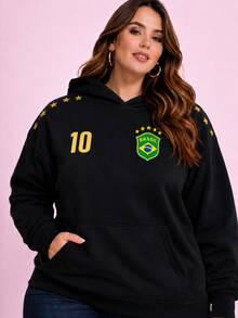 Women's Plain Plus Size Kangaroo Hoodie With Front Pocket And Hood - Brazilian Style - World Cup Hexa Football - màu đen - Xem 1
