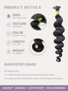 Y WIGS Cabello humano para trenzas estilo boho, ondas sueltas, sin trama, extensiones de cabello humano 100% virgen sin procesar, 95-100 g, 14-22 pulgadas, color natural, ligero, rizado, ideal para deportes, partidos de fútbol, Navidad y vacaciones. - Natural Black - Ver 3