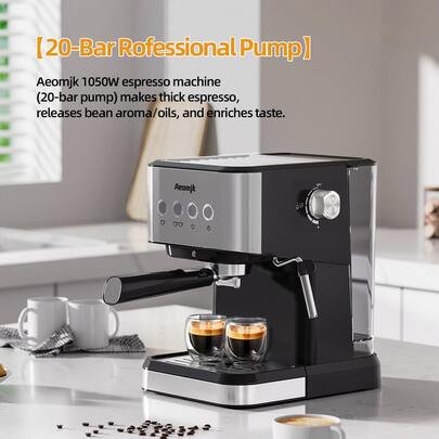 Aeomjk 20 บาร์ เครื่องชงกาแฟเอสเปรสโซกึ่งอัตโนมัติ, เครื่องทำคาปูชิโน่และลาเต้ระดับมืออาชีพพร้อมเครื่องตีฟองนมไอน้ำ, ถังเก็บน้ำแบบถอดได้ 1.5 ลิตร, ปลั๊กยุโรป